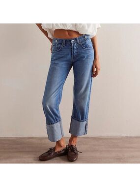 New Free People We The Free Slade Slim Selvedge Wide Cuff Button Fly Jeans 25